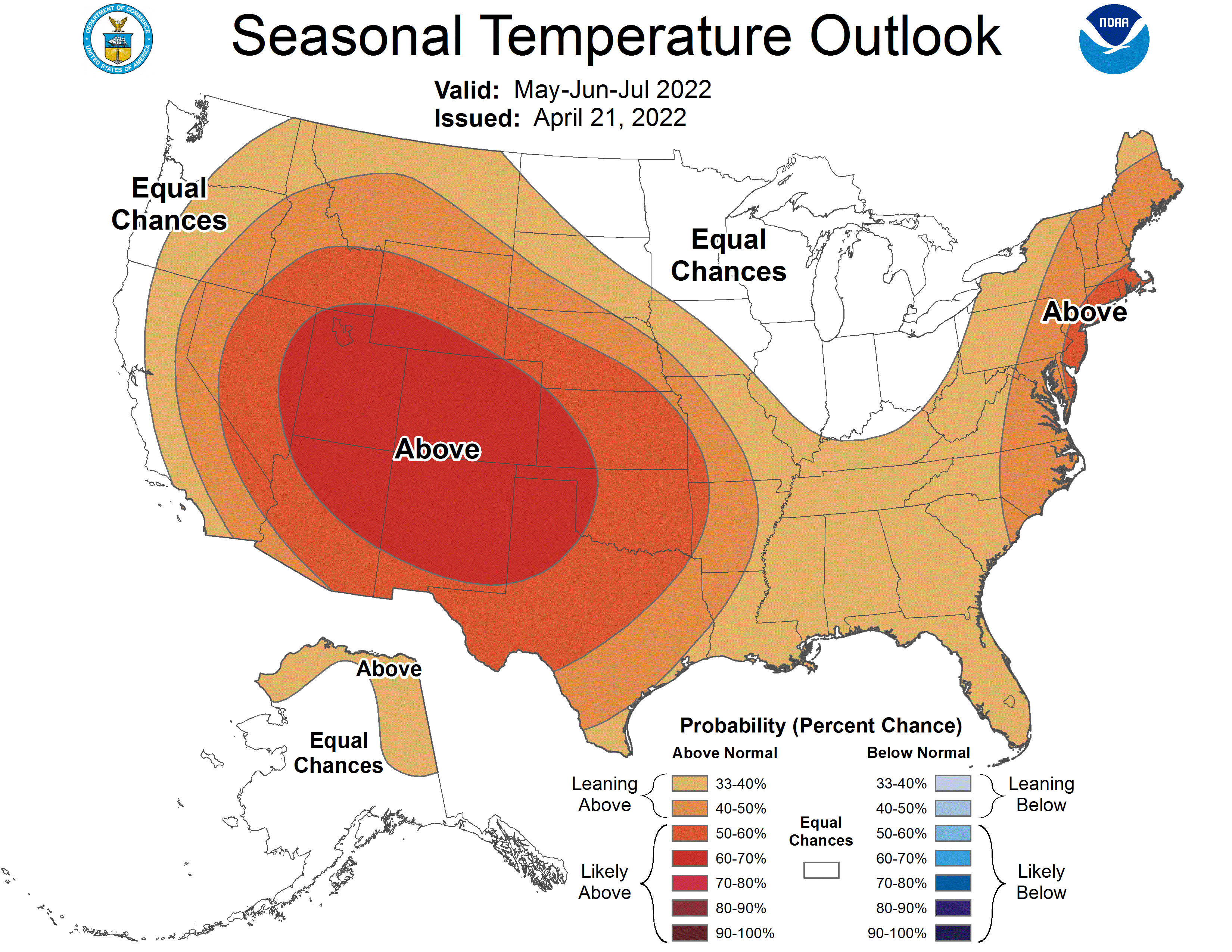 Figure 1. Temperature outlook for the May-June-July 2022 period. These are produced by the national Climate Prediction Center and illustrate confidence of favoring above- or below-normal conditions.