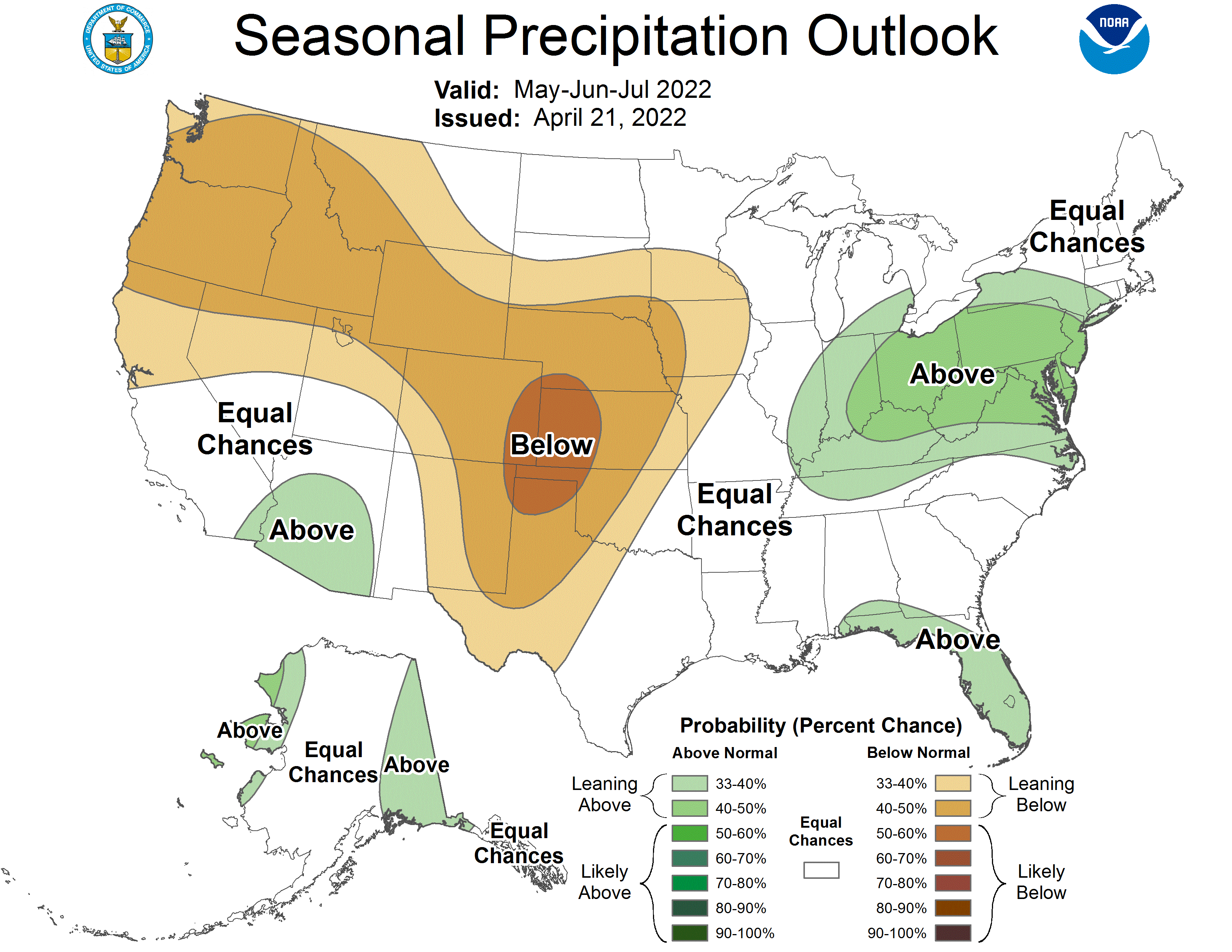 Figure 2. Precipitation outlook for the May-June-July 2022 period. These are produced by the national Climate Prediction Center and illustrate confidence of favoring above- or below-normal conditions.