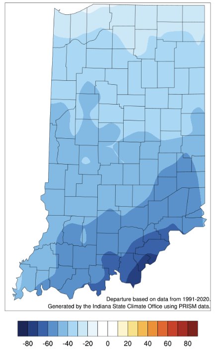 Figure 3. Modified growing degree day (50°F / 86°F) accumulation from April 1-14, 2022 represented as the departure from the 1991-2020 climatological average.