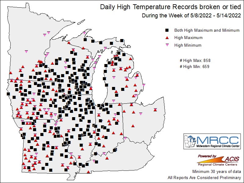 Figure 1. Midwestern daily high temperature records broken or tied from May 8 – 14.