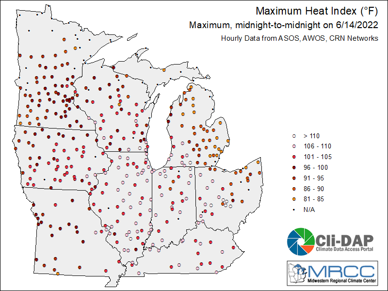 Figure 1. June 14 Maximum Heat Index values from stations across the Midwest. 