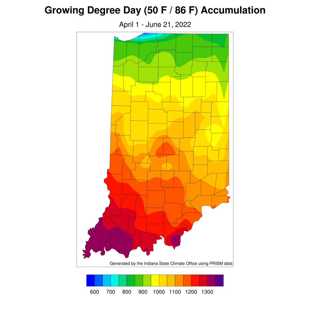 Figure 4. Modified growing degree day (50◦F / 86◦F) accumulation from April 1 – June 19, 2022.
