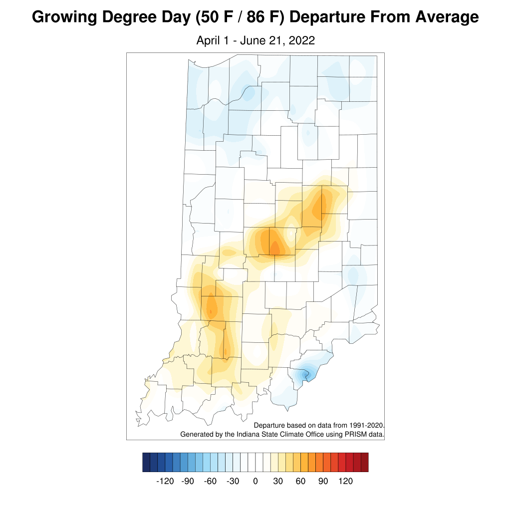 Figure 5. Modified growing degree day (50◦F / 86◦F) accumulation from April 1 – June 19, 2022, represented as the departure from the 1991-2020 climatological average.