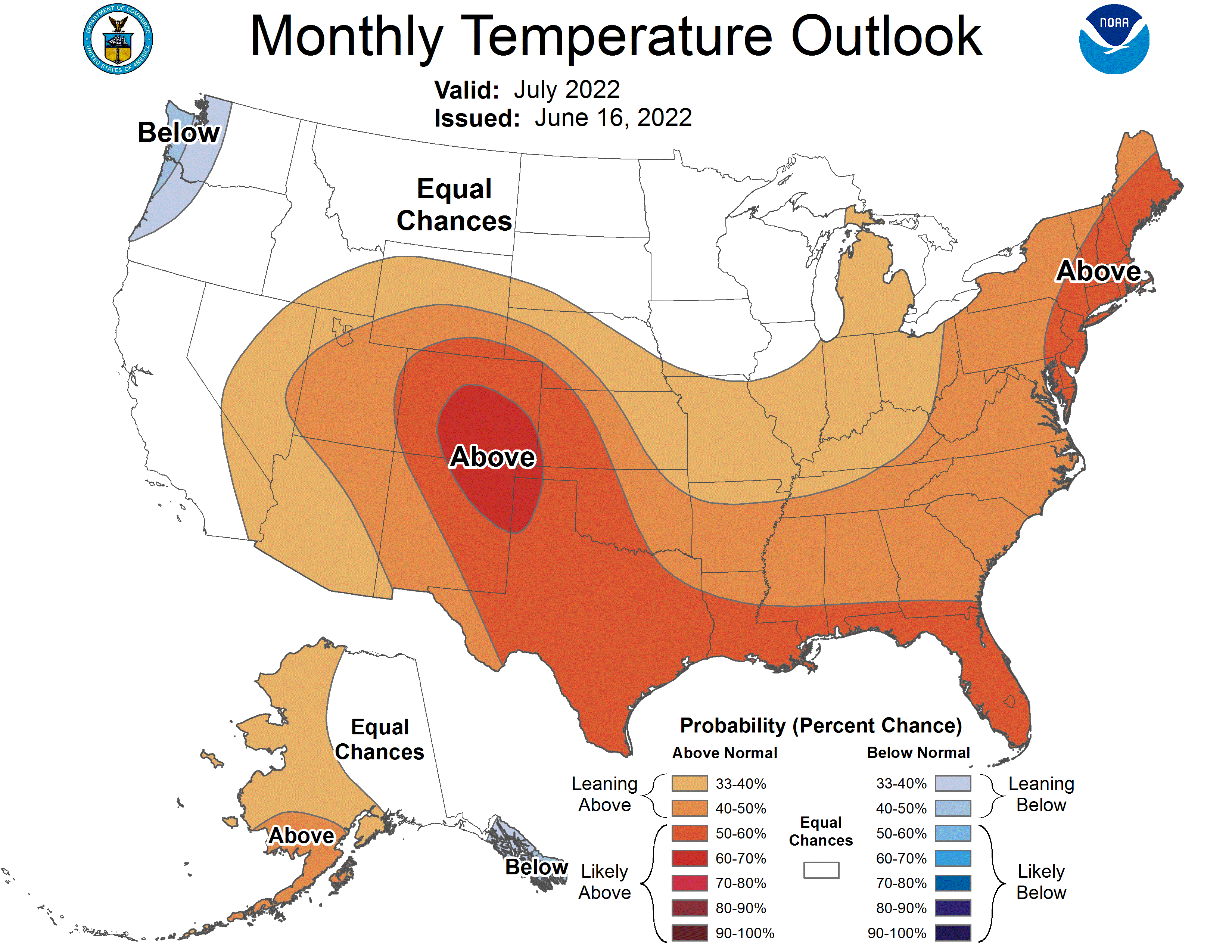 Figure 1. Temperature outlook for the July 2022. These are produced by the national Climate Prediction Center and illustrate confidence of favoring above- or below-normal conditions.