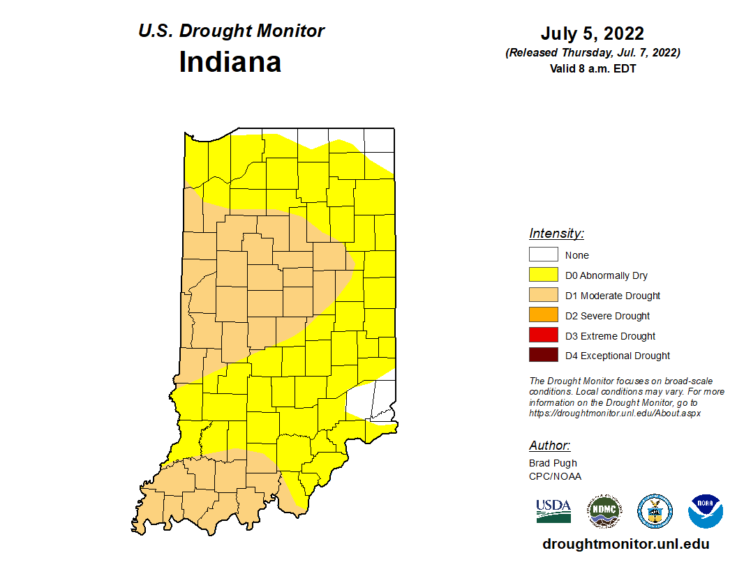 Figure 1. U.S. Drought Monitor for Indiana as of June 28, 2022.