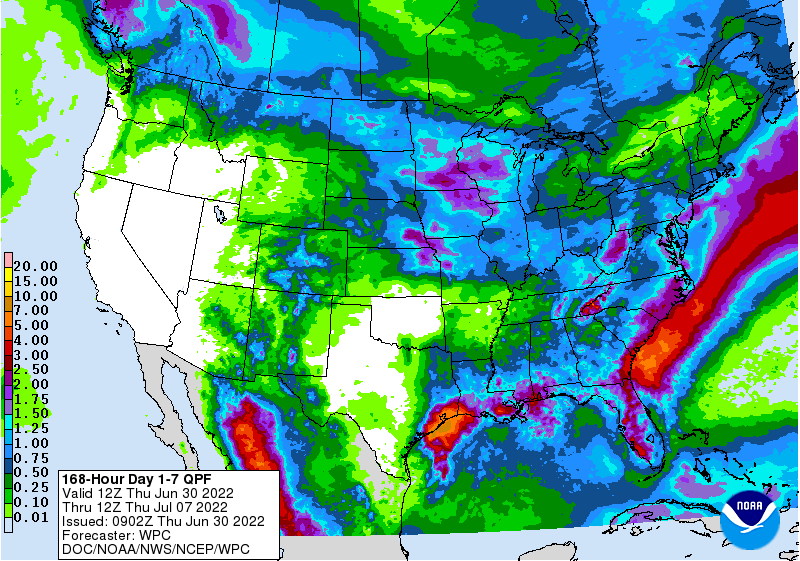 Figure 4. Forecasted precipitation amounts (inches) for June 30, 2022 through July 7, 2022.
