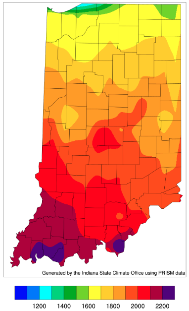 Figure 4. Modified growing degree day (50°F / 86°F) accumulation from April 15-July 27, 2022.