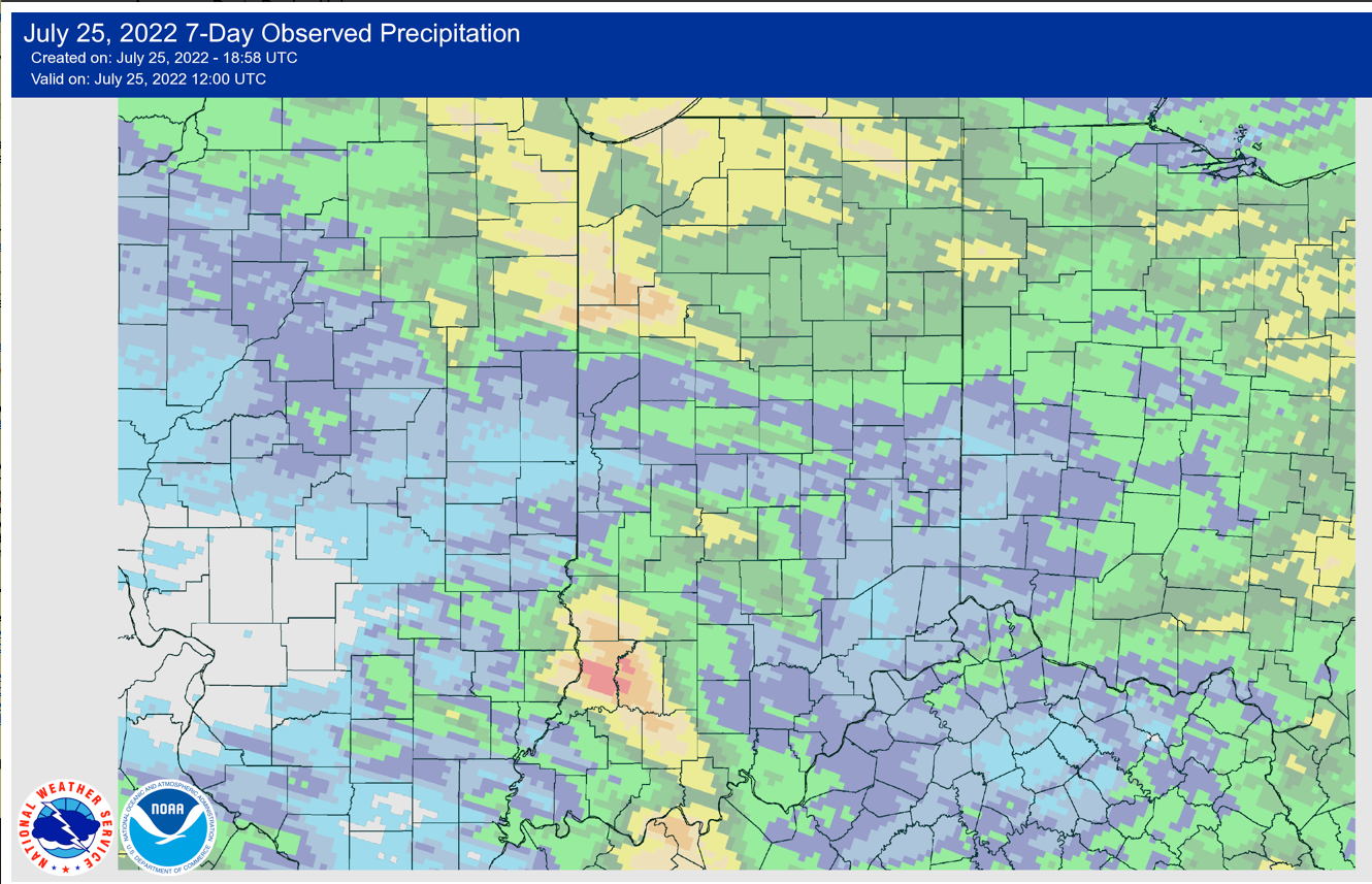 July 25, 2022 7-Day Observed Precipitation for Indiana and surrounding areas. Source National Weather Service.