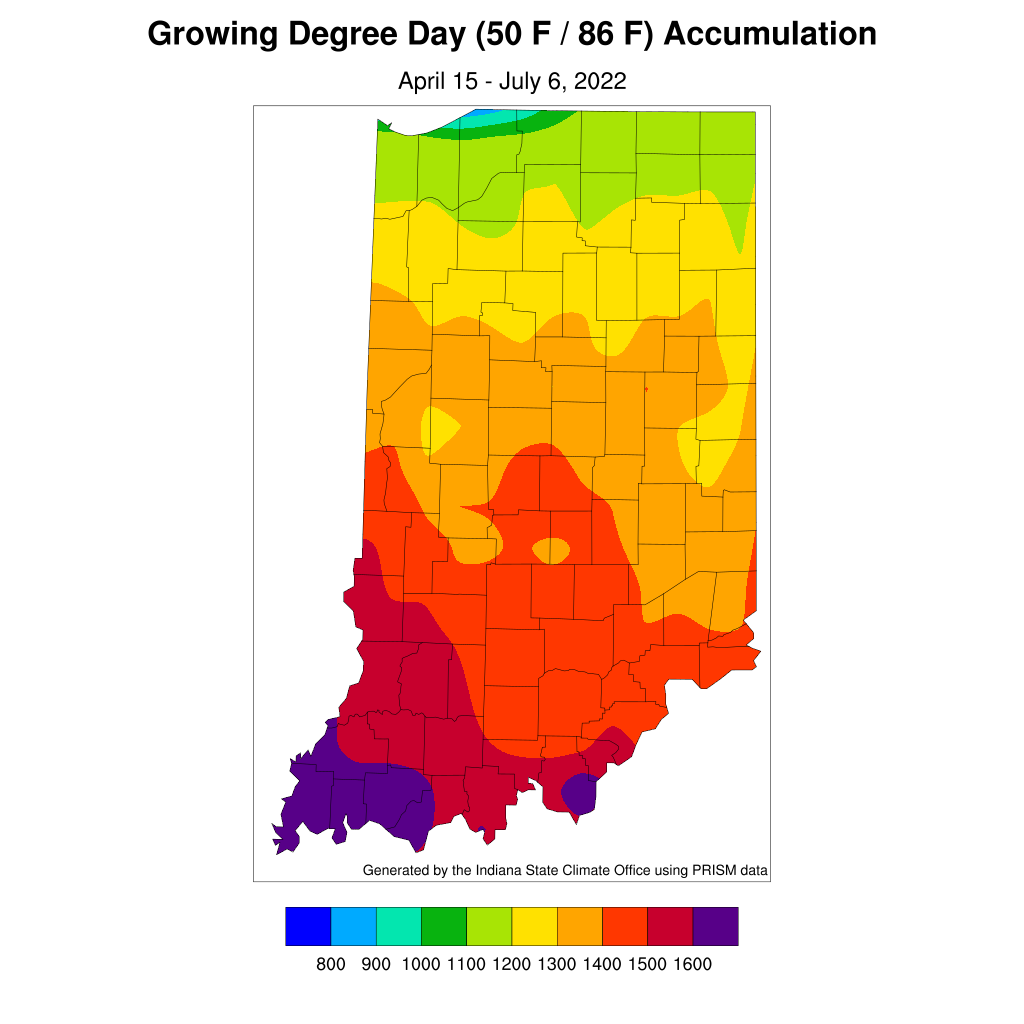 Figure 2. Modified growing degree day (50°F / 86°F) accumulation from April 15-July 6, 2022.