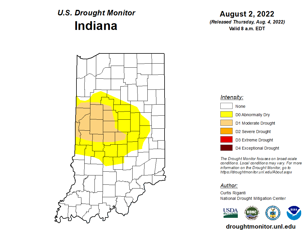 Figure 1. U.S. Drought Monitor status for conditions through Tuesday, August 2, 2022. https://droughtmonitor.unl.edu/CurrentMap/StateDroughtMonitor.aspx?IN
