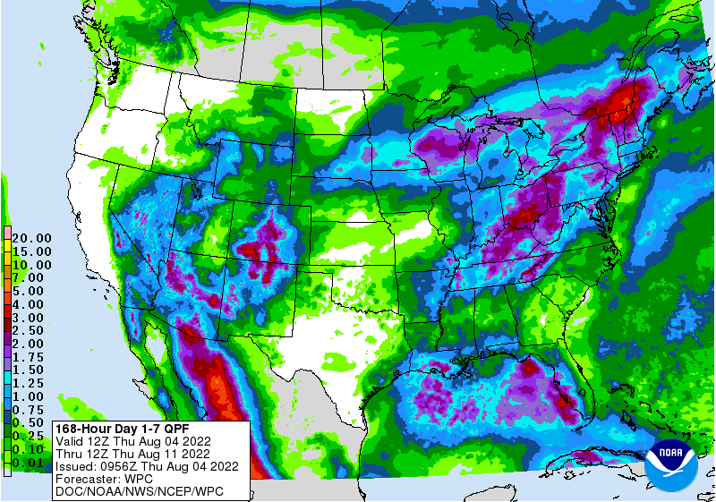 Figure 2. Forecasted rainfall amounts (in inches) for August 4-11, 2022. Source: Weather Prediction Center; https://www.wpc.ncep.noaa.gov/qpf/p168i.gif?1595336959