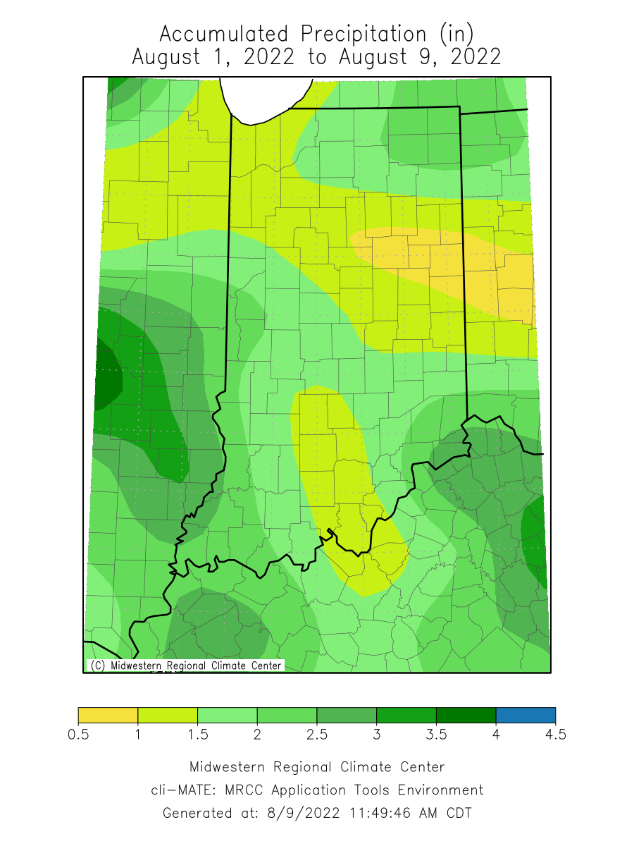 Figure 3. Accumulated precipitation (inches) from August 1-9, 2022.