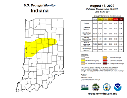 Figure 5. Indiana US Drought Monitor from August 16, 2022.