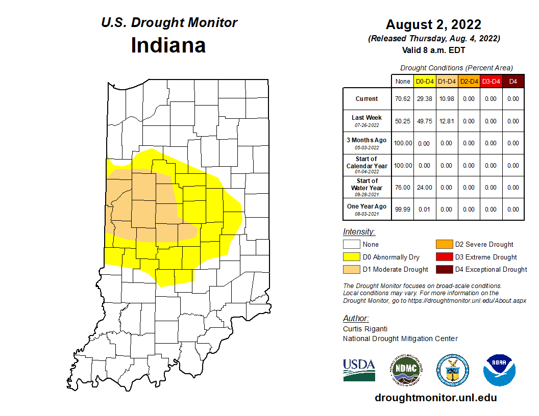 Figure 5. Indiana US Drought Monitor from August 2, 2022.