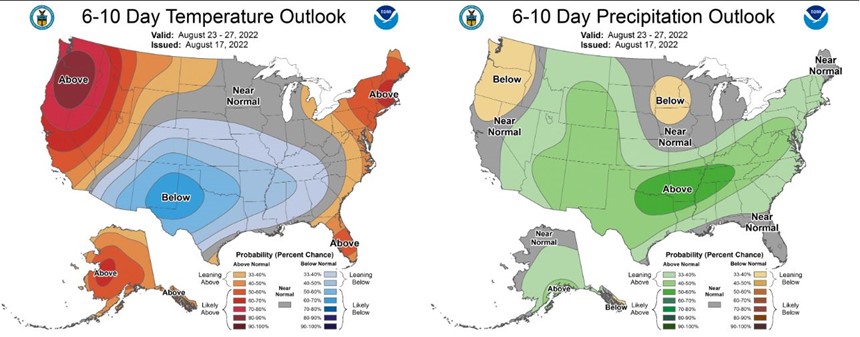 Figure 6. The CPC’s 6–10-day temperature (left) and precipitation (right) outlooks for August 23-27, 2022.