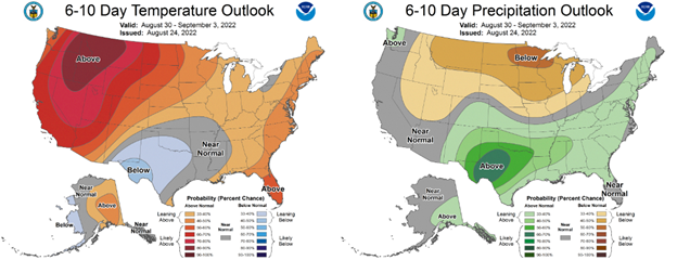Figure 7. The Climate Prediction Center’s 6-10-day temperature (left) and precipitation (right) outlooks for August 31-September 3, 2022. 