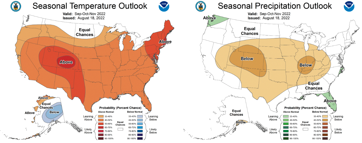 Figure 2. Climate outlook for the 3-month period of September-October-November from the national Climate Prediction Center. Levels of shading indicate levels of confidence for above- or below-normal conditions to occur. Temperature outlook is on the left; Precipitation outlook is on the right.