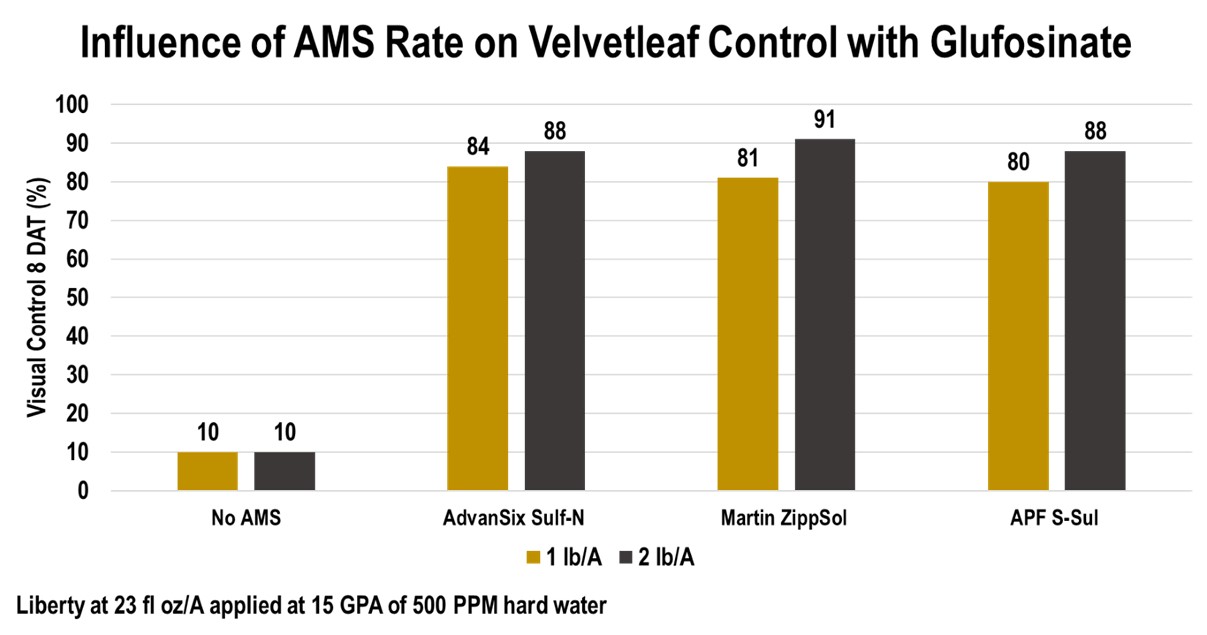 Figure 3. Influence of AMS source and rate on velvetleaf control with glufosinate.