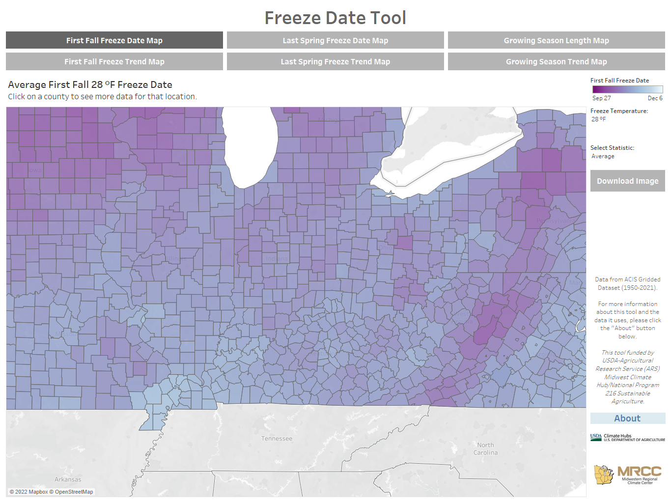 Figure 1. Example map from the MRCC’s Freeze Date Tool that shows the average date of the first fall freeze defined at the 28 degrees Fahrenheit threshold.