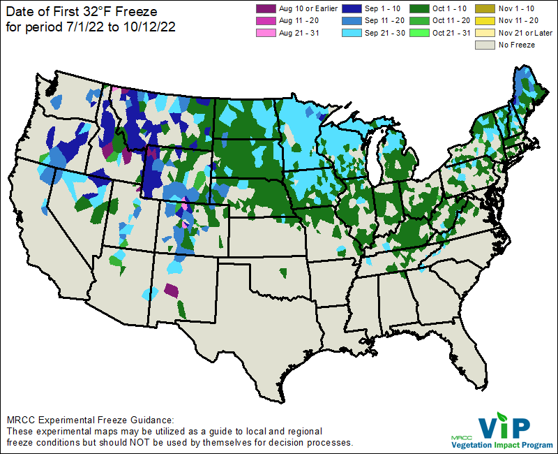 Figure 2: The Midwestern Regional Climate Center’s Vegetation Impact Program (VIP) map displaying the date of first 32◦F for the United States.