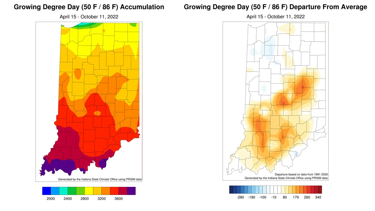 Figure 3: Left – Modified Growing Degree Day accumulations April 15-October 11, 2022. Right – Modified Growing Degree Day accumulations April 15-October 11, 2022, represented as the departure from the 1991-2020 climatological average.