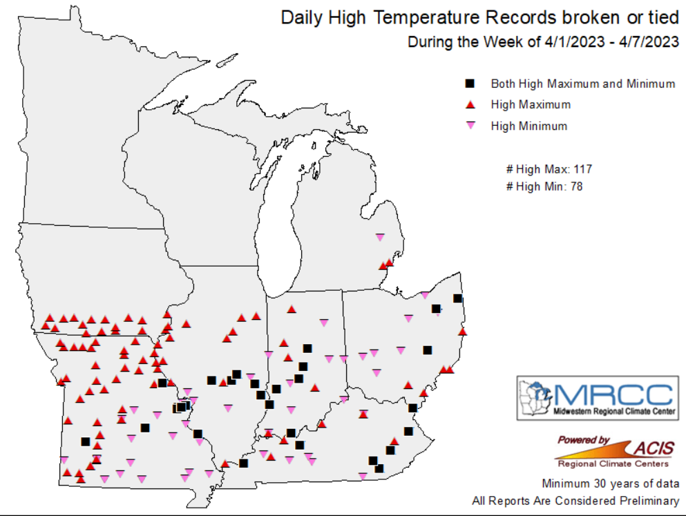 Figure 2: Midwest daily high temperature records broken or tied during the week of April 1-7, 2023. 