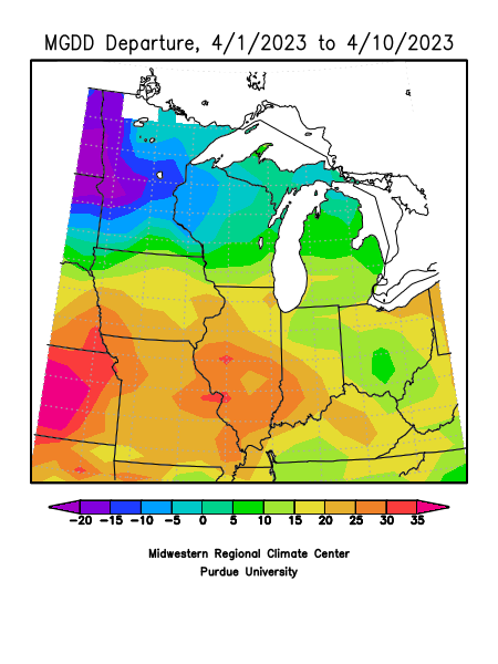Figure 3: Accumulated Midwest Modified Growing Degree Days (MGDDs) (April 1-10, 2023) represented as the departure from the 1991-2020 climatological normal. 