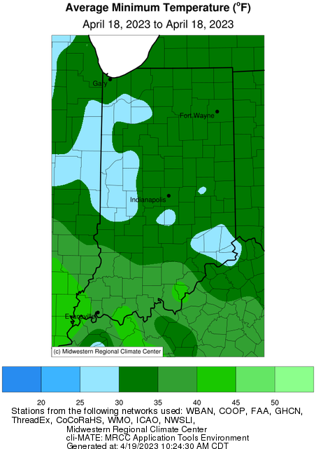 Figure 3: Average minimum temperatures for Indiana on the morning of April 18, 2023.