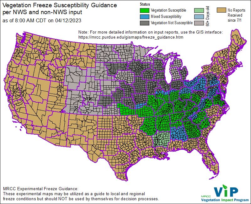 Figure 4: Vegetation Impact Program’s Vegetation Freeze Guidance shows the locations with susceptibility to frost and or freeze damage. The map above depicts guidance submitted through April 12, 2023.