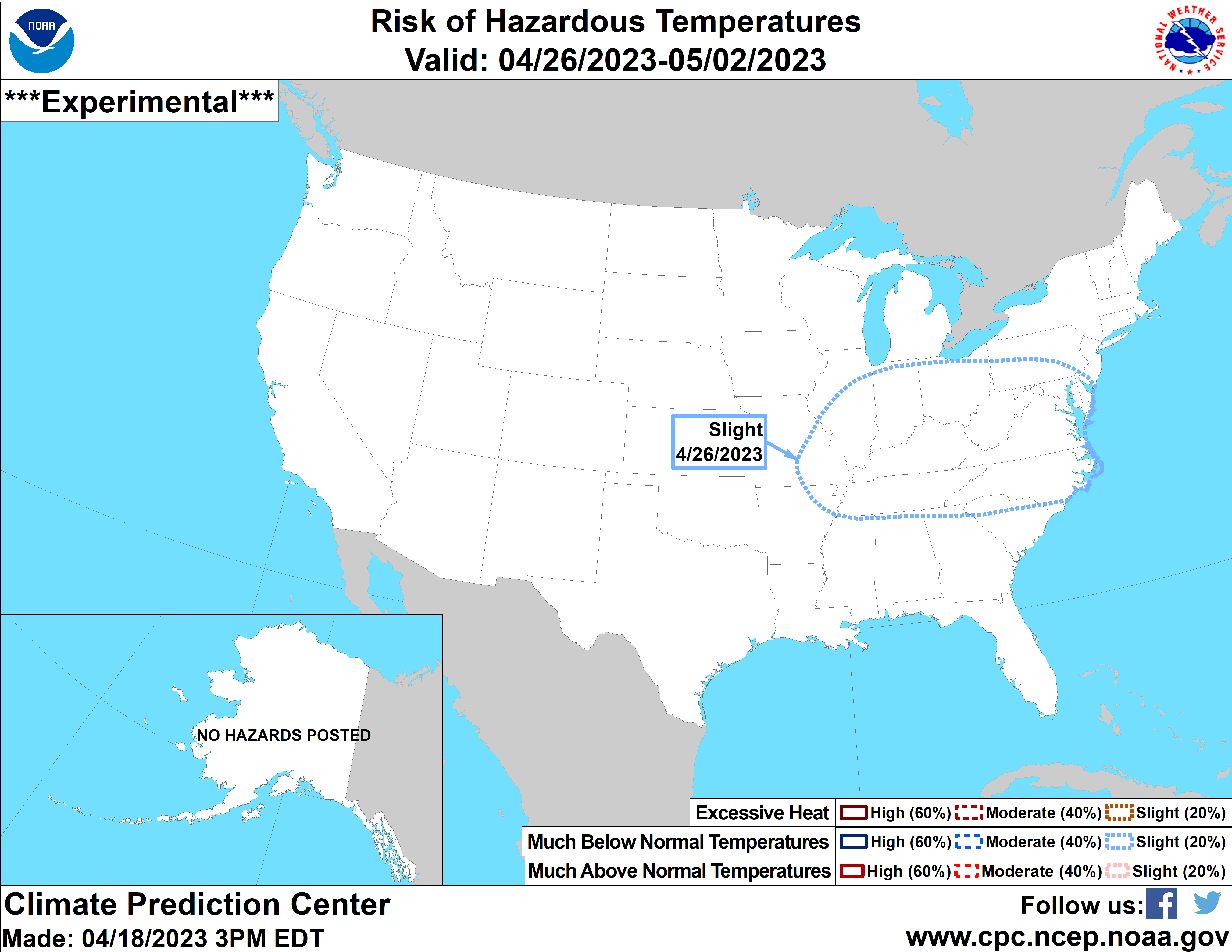 Figure 5: Climate Prediction Center’s 8–14-day hazard map depicting a slight risk for much below normal temperatures on April 26, 2023.