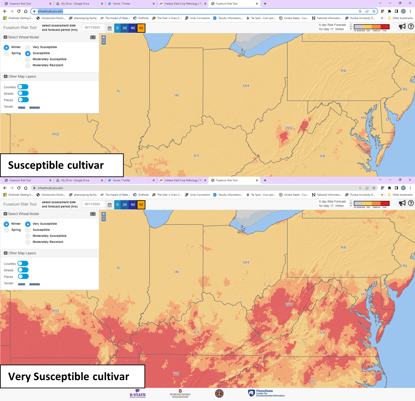Figure 2. Fusarium Risk Assessment Tool Indiana map generated on 17 May 2023. Red = high risk, Orange= medium risk, Yellow = low risk for Fusarium head blight on wheat just prior to flowering or the early stages of grain development. (Image Credit: https://www.wheatscab.psu.edu)