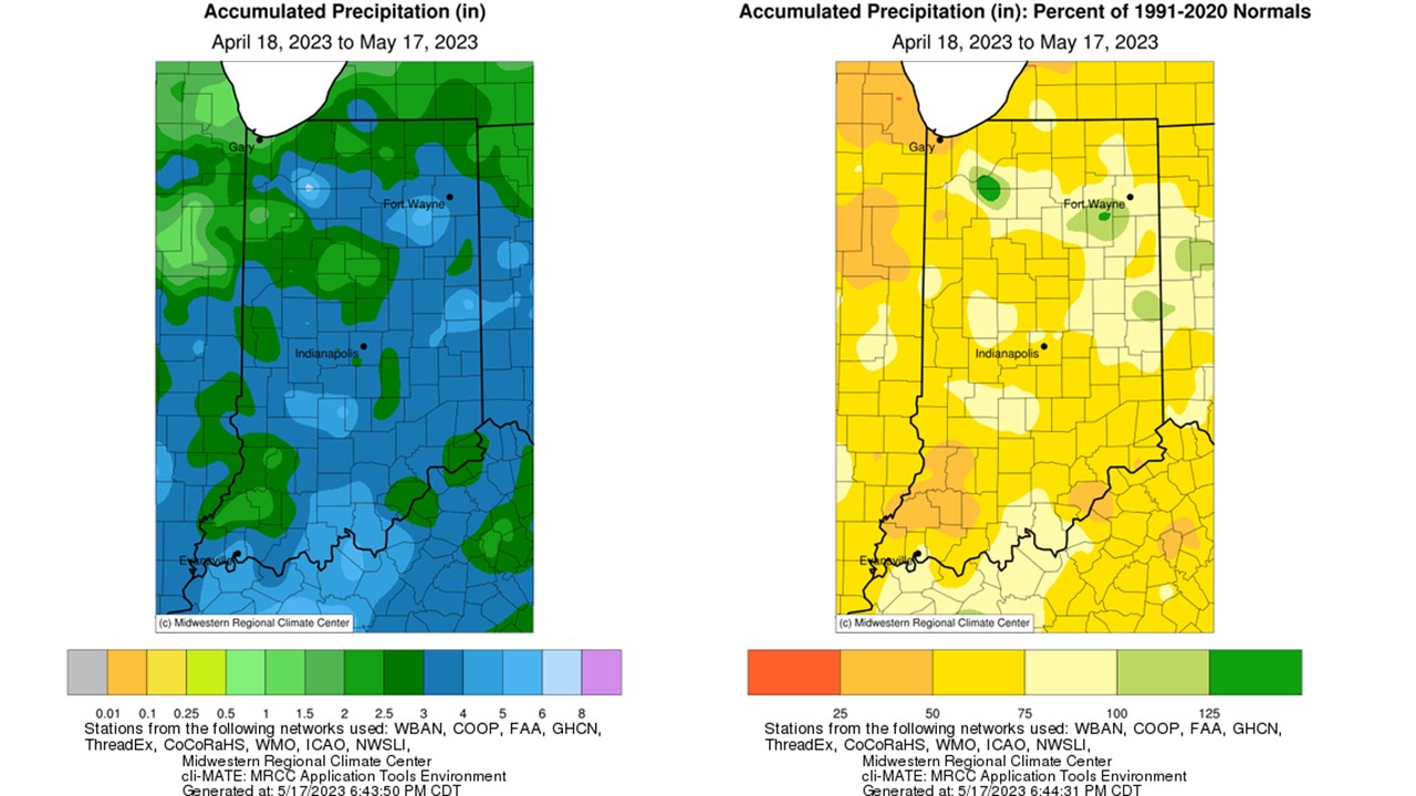 Figure 3: Interpolated map displaying accumulated precipitation for April 18-May 17, 2023 (left). Interpolated map displaying accumulated precipitation as a percent of the 1991-2020 climatological normal (right).