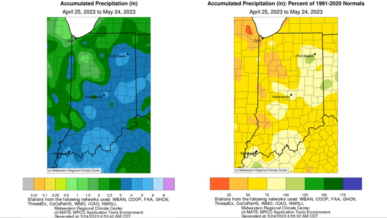 Figure 3: Interpolated map displaying accumulated precipitation for April 25-May 24, 2023 (left). Interpolated map displaying accumulated precipitation as a percent of the 1991-2020 climatological normal (right).