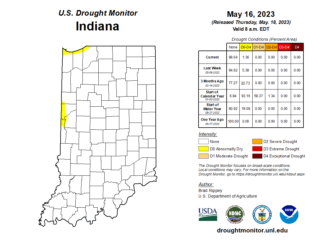 Figure 4: May 16, 2023, US Drought Monitor. The US Drought Monitor is released every Thursday morning by 8:30 AM
