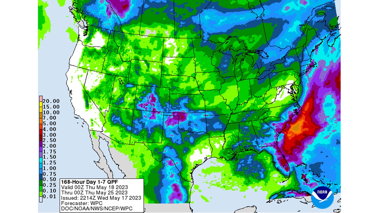 Figure 5: NWS Weather Prediction Center 7-day quantitative precipitation forecast for the continental United States, valid May 18-May 25, 2023.