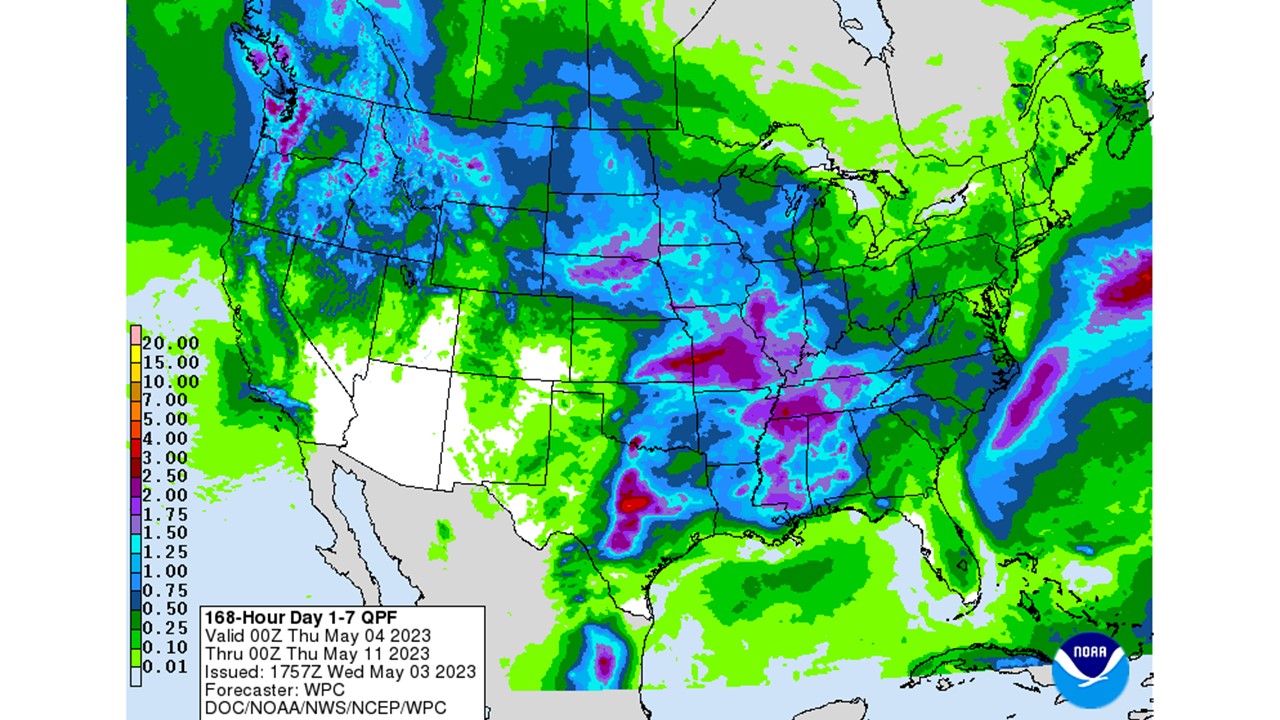Figure 5: NWS Weather Prediction Center 7-day quantitative precipitation forecasts for the continental United States, valid May 4-May 11, 2023. 