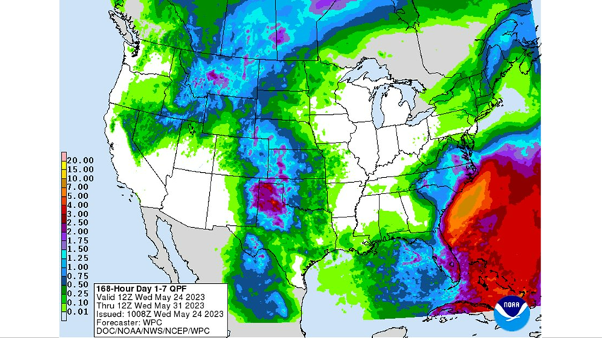 Figure 5: NWS Weather Prediction Center 7-day quantitative precipitation forecast for the continental United States, valid May 24-May 31, 2023.