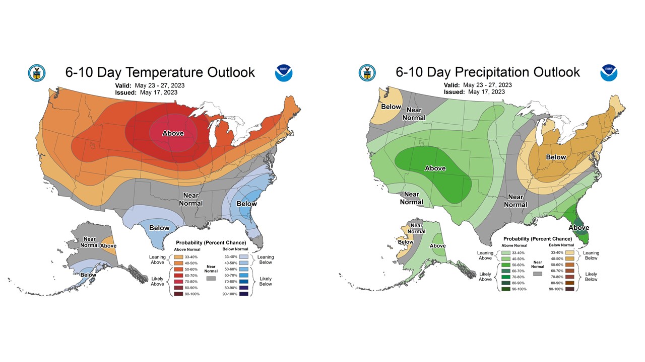 Figure 6: The CPC’s 6–10-day temperature and precipitation outlooks, valid for May 23-27, 2023.
