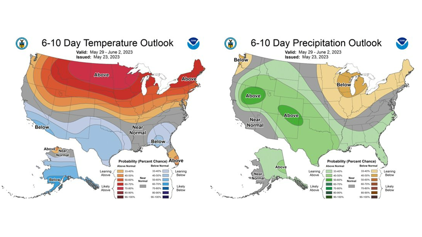 Figure 6: The CPC’s 6–10-day temperature and precipitation outlooks, valid for May 29 through June 2, 2023.