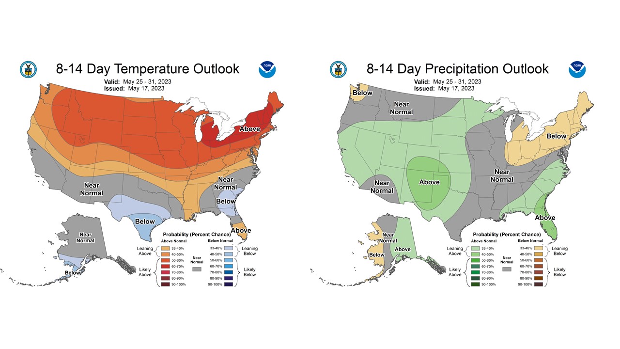 Figure 7: The CPC’s 8–14-day temperature and precipitation outlooks, valid for May 25-31, 2023.