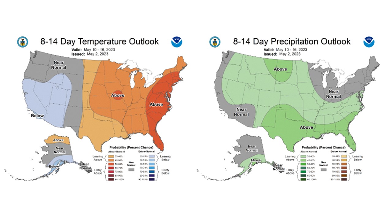 Figure 7: The CPC’s 8-14-day temperature and precipitation outlooks, valid for May 10-16, 2023.