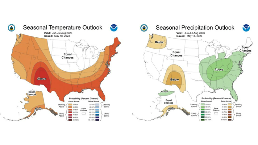 Figure 8: The CPC’s Seasonal temperature and precipitation outlooks, valid for June, July, and August 2023.