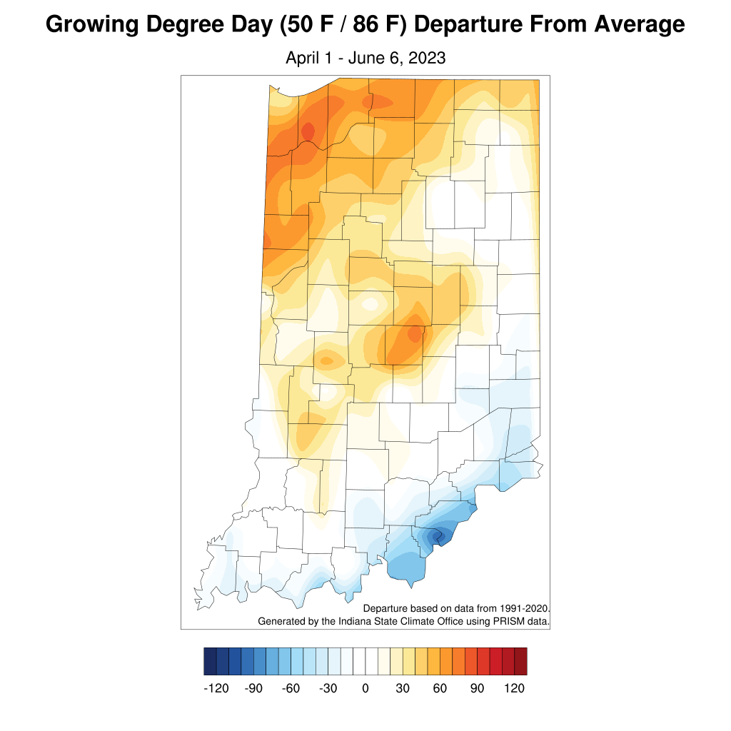 Figure 5. Modified growing degree day (50°F / 86°F) accumulation from April 1-June 6, 2023, represented as the departure from the 1991-2020 climatological average.