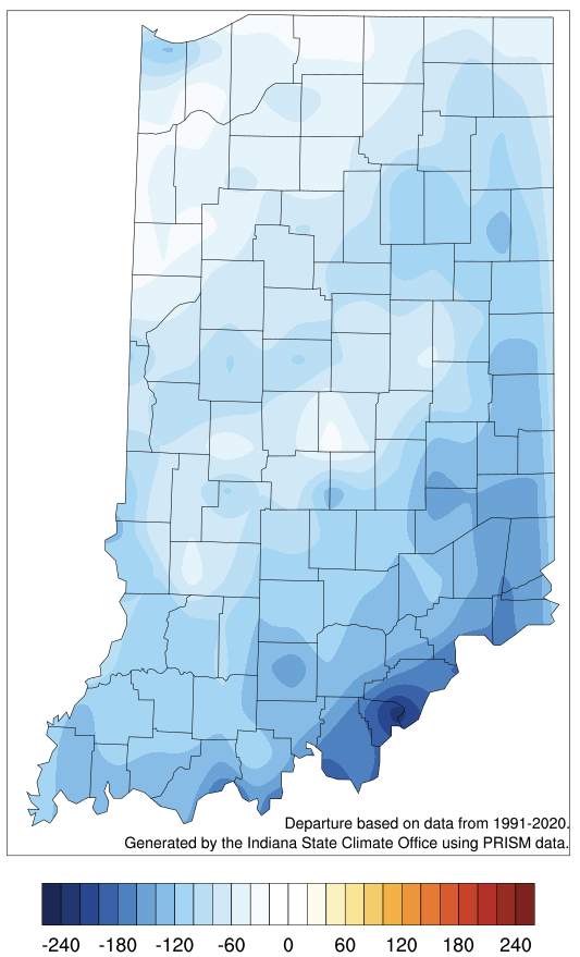 Figure 5. Modified growing degree day (50°F / 86°F) accumulation from April 15-June 28, 2023, represented as the departure from the 1991-2020 climatological average.