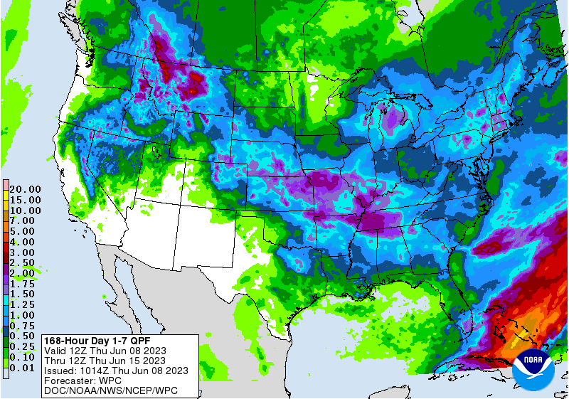 Figure 2. Forecasted precipitation amounts (inches) for June 8 through June 15, 2023.