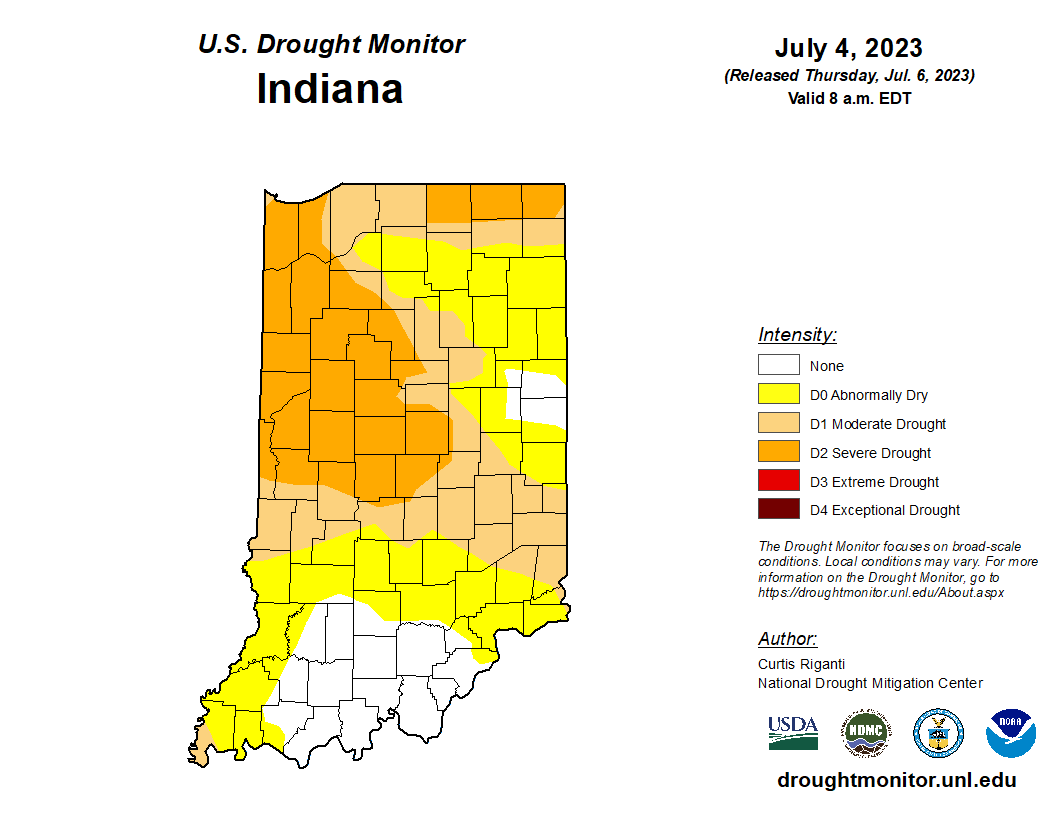 Figure 3. U.S. Drought Monitor for Indiana as of July 4, 2023. Source: https://droughtmonitor.unl.edu/CurrentMap/StateDroughtMonitor.aspx?IN