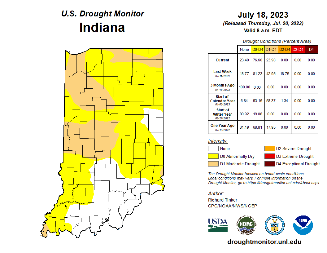 Figure 2. U.S. Drought Monitor status for Indiana based upon conditions through Tuesday, July 18, 2023.
