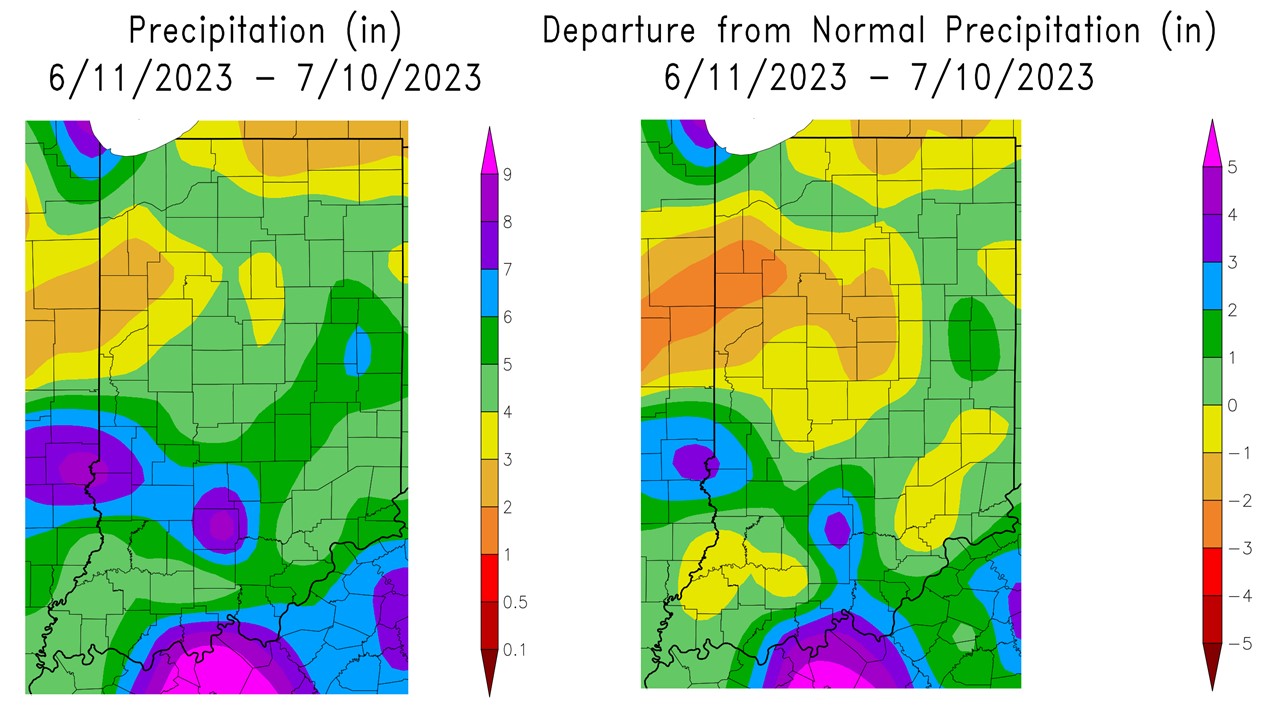 Figure 1: Accumulated precipitation for June 11- July 10, 2023 (left) and accumulated precipitation as a departure from the 1991-2020 climatological normal (right). These maps were obtained from the High Plains Regional Climate Center.