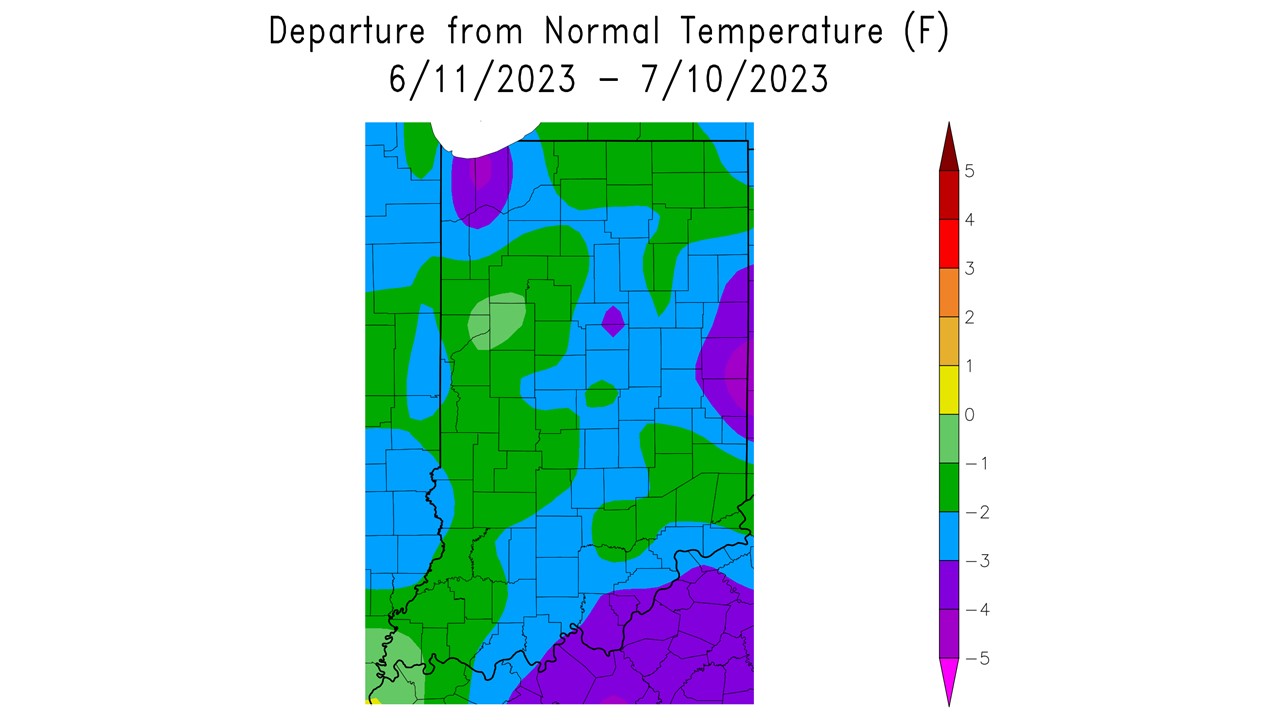 Figure 3: Average temperature for June 11 – July 10, 2023, represented as the departure from the 1991-2020 climatological normal. This map was obtained from the High Plains Regional Climate Center.