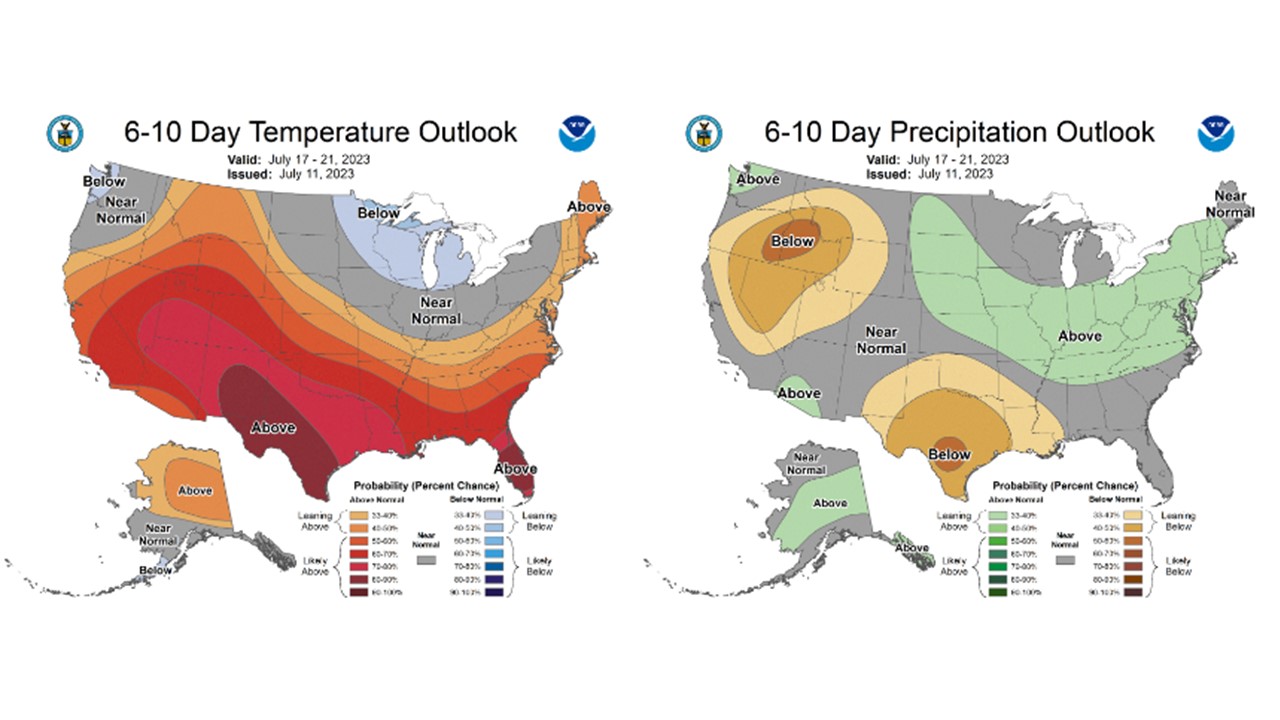 Figure 6: CPC 6-10 day temperature and precipitation outlooks for the United States, valid July 17-21, 2023.